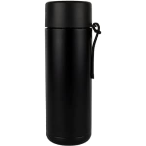 A drink bottle in matte black finish with a secure lid and a handy strap. Features a logo.