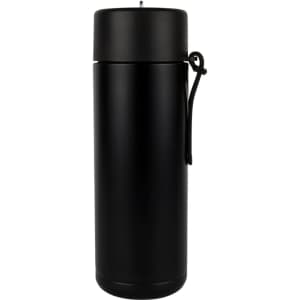 A drink bottle in matte black finish with a screw-top lid and a carrying strap, featuring a logo.