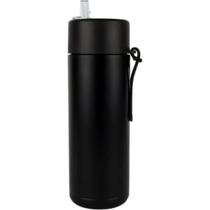 A drink bottle in a sleek black finish with a silver lid and a carrying strap. It features a logo.