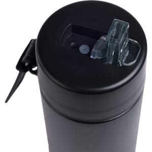 A drink bottle in matte black metal with a clear flip-top lid and a spout. It features a logo at the top.