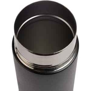 A drink bottle with a black exterior and a stainless steel interior. It features a rounded opening and has a logo.