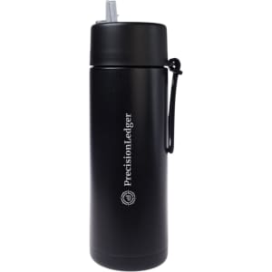 A drink bottle in matte black with a straw lid and a logo on the side, designed for hydration on the go.