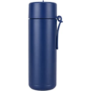 A drink bottle in navy blue with a lid and a carry strap, featuring a logo.