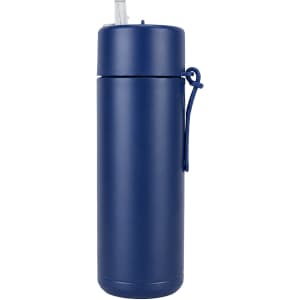 A drink bottle in navy blue with a straw lid and a carrying handle. It features a logo on the body.