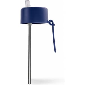 A drink bottle lid with a blue cap and a stainless steel straw attached. Features a loop for easy handling.