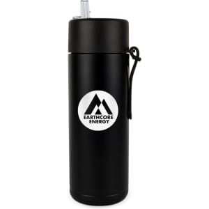 A drink bottle featuring a sleek black design with a logo and a straw lid. It holds 600ml.