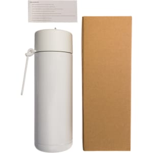 A drink bottle in white with a lid, accompanied by a brown box. The bottle has a logo on it.