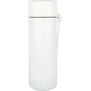 A drink bottle in white with a grey lid and a holder strap. It features a logo on its surface.