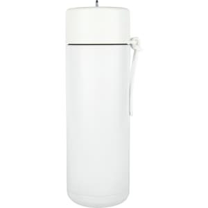 A drink bottle in white, featuring a sleek design and a carrying strap, with a logo on its surface.