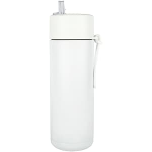 A drink bottle in white with a flip-top lid and straw, featuring a carrying handle and branding.