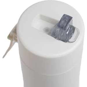 A drink bottle with a white exterior and a clear flip-top lid for easy access.