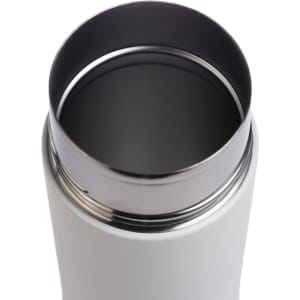 A drink bottle with a sleek, white exterior and a stainless steel interior, featuring a smooth opening.
