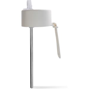 A drink bottle in white with a stainless steel straw and a removable cap. Features a logo.