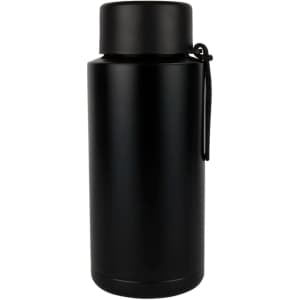 A drink bottle in matte black stainless steel with a lid and a strap. It has a minimalist design and a logo.