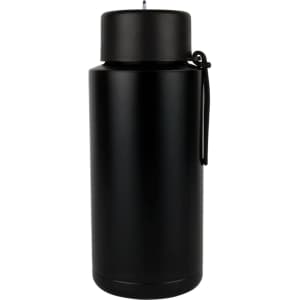 A drink bottle in matte black finish, featuring a sleek design and a logo. Ideal for hydration on the go.