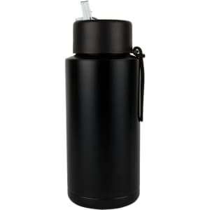 A drink bottle in matte black with a straw lid and attached carrying handle, featuring branding.