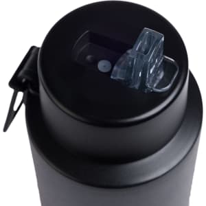 A drink bottle with a sleek black design and a transparent opening mechanism on top. It features a logo.