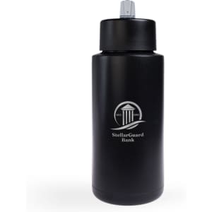 A drink bottle in black, featuring a screw-top lid and a logo on the front. Designed for easy hydration.