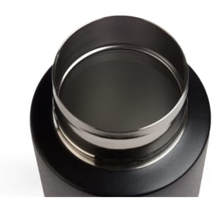 A drink bottle featuring a sleek design with a stainless steel finish and a wide opening at the top.