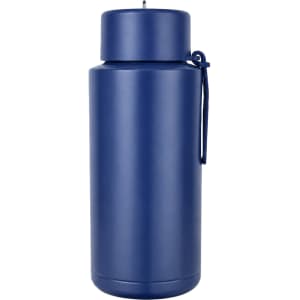 A drink bottle with a matte navy finish, featuring a screw top and a carry loop. It has a logo on the surface.