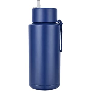 A drink bottle with a navy blue finish, featuring a straw and a matching lid, and includes a handle.