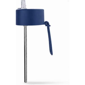 A drink bottle with a navy blue lid and stainless steel straw, featuring a loop for easy carrying.