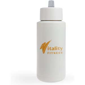 A drink bottle in white with a silver cap, featuring a logo in orange.
