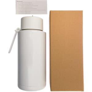 A drink bottle in white, made of steel, accompanied by a brown cardboard box. It features a lid and handle.