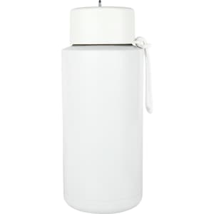 A drink bottle in white, featuring a lid and carry strap, with a logo on the body.