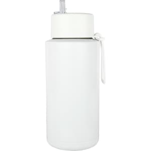 A drink bottle in white, featuring a flip-top lid and a strap. It has a logo on the surface.