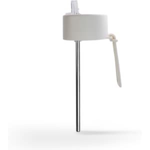 A drink bottle in white with a metal straw, featuring a cap and a loop for attachment.