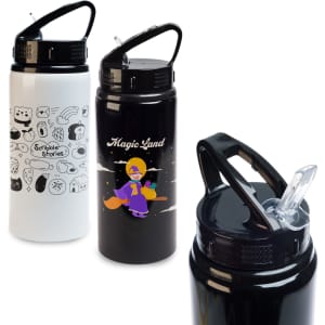 A drink bottle featuring a flip straw lid, available in white with designs and black with a character illustration.