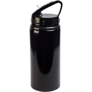A drink bottle in black with a flip straw lid and a handle, featuring a logo or branding.