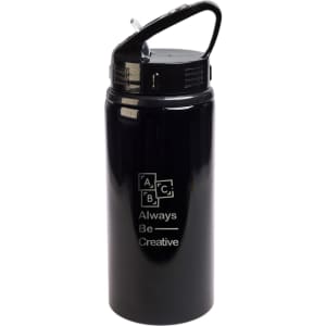 A drink bottle in black with a flip straw lid and a handle. Features a logo design.