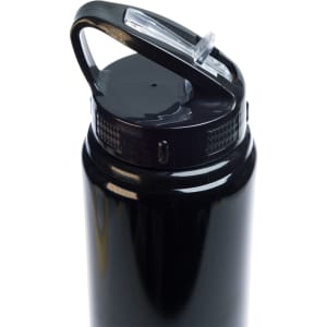 A drink bottle in shiny black with a flip straw lid and a built-in handle. It features a smooth, cylindrical body.