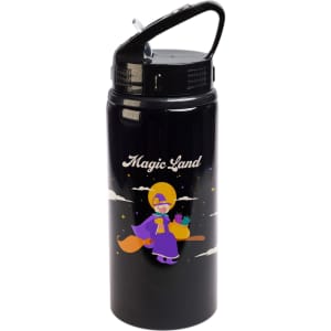 A drink bottle in black featuring a character from "Magic Land" with a flip straw lid.