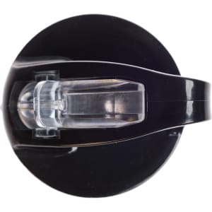 A drink bottle with a black flip straw lid, featuring a clear straw mechanism and a circular base.