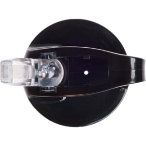 A drink bottle with a black body and a clear flip straw lid, featuring a logo on the side.
