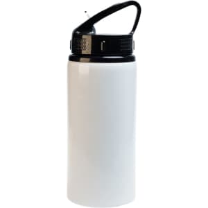 A drink bottle with a black flip straw lid and a sleek white body. It features a handle for easy carrying.