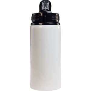 A drink bottle in white with a black flip straw lid and a logo on the side.