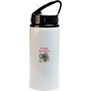 A drink bottle in white with a black flip straw lid and a cute koala design featuring the text "Koala Kuddles."