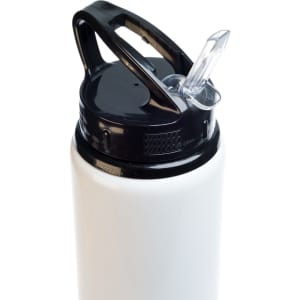 A drink bottle in white with a black flip straw lid and a handle. It features a logo on the body.