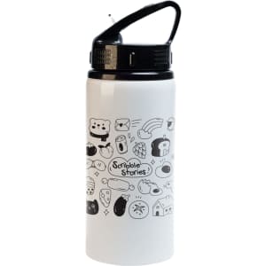 A drink bottle in white with black illustrations and a black flip straw lid, featuring a logo.