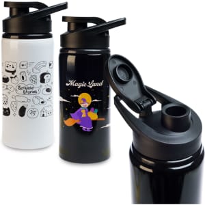 A drink bottle featuring a white design with illustrations, and a black version with a character, both with a free flow lid.