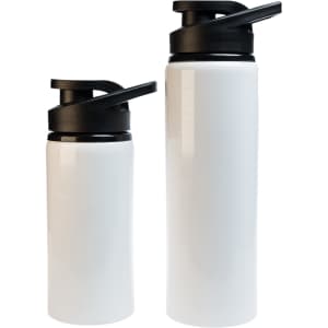 A drink bottle set featuring a white finish and a black free flow lid, includes two sizes. One bottle is larger than the other.
