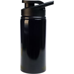 A drink bottle with a sleek black design and a free flow lid, featuring a sturdy build suitable for various beverages.