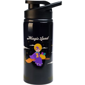 A drink bottle in black with a free flow lid, featuring a whimsical character and colorful design.