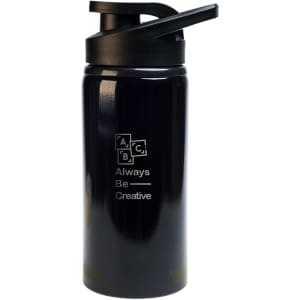 A drink bottle in black with a free flow lid and a design featuring a logo and motivational text.