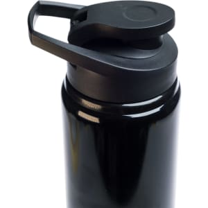 A drink bottle in black with a free flow lid and a sleek design, featuring a handle for easy carrying.