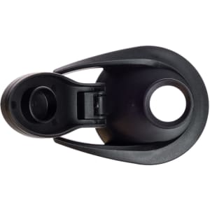 A drink bottle lid featuring a free flow design, primarily in black with a smooth finish. It has a logo.